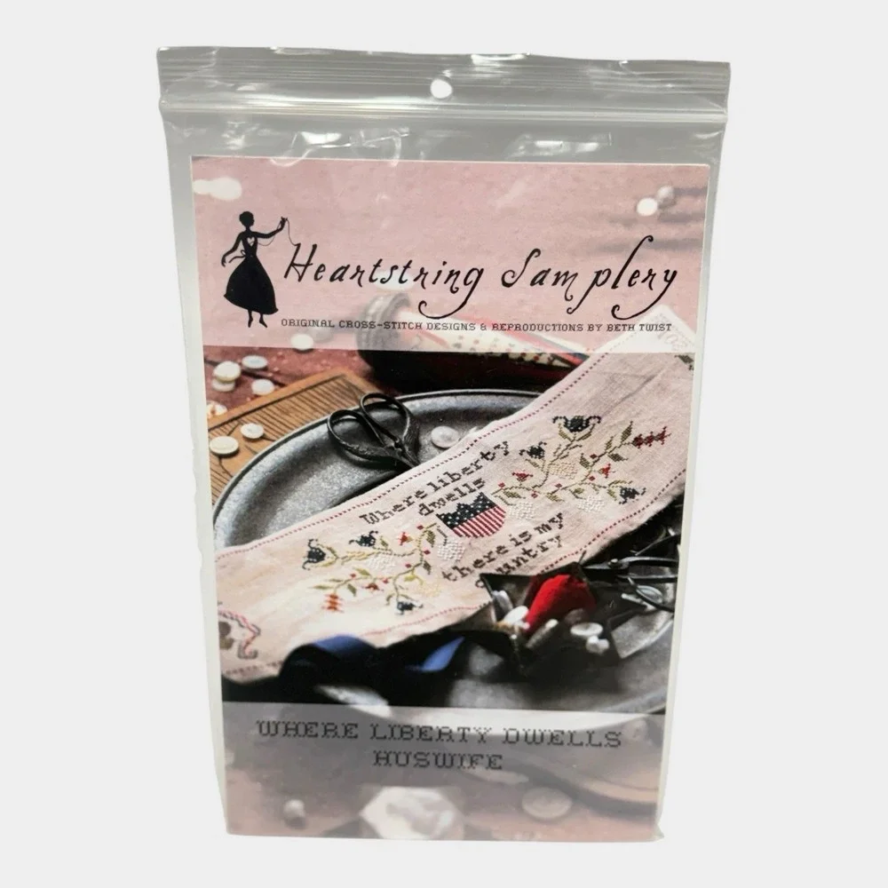 Heartstring Samplery Where Liberty Dwells Huswife Cross Stitch Pattern w/ Floss